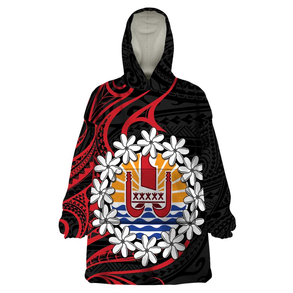 Tahitian Coat Of Arm and Tiare Flower Wearable Blanket Hoodie Polynesian Tribal Tattoo