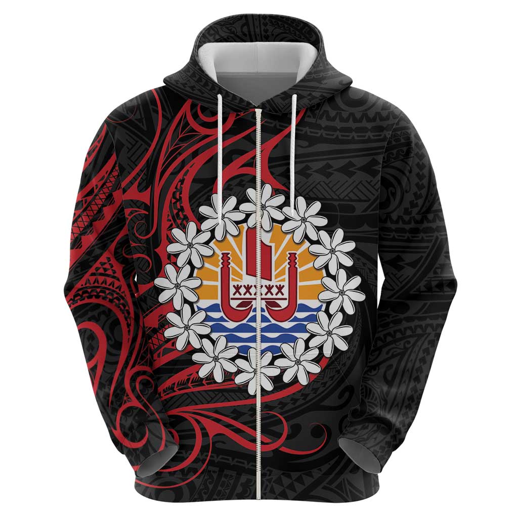 Tahitian Coat Of Arm and Tiare Flower Zip Hoodie Polynesian Tribal Tattoo