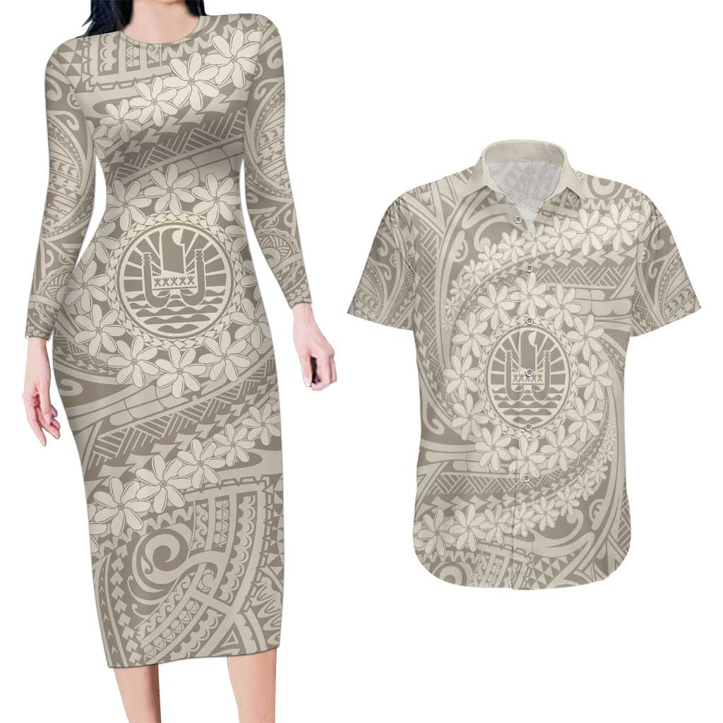 Tahitian Tiare Flower Couples Matching Long Sleeve Bodycon Dress and Hawaiian Shirt Beige Polynesian Pattern