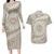 Tahitian Tiare Flower Couples Matching Long Sleeve Bodycon Dress and Hawaiian Shirt Beige Polynesian Pattern