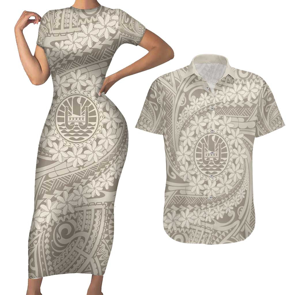 Tahitian Tiare Flower Couples Matching Short Sleeve Bodycon Dress and Hawaiian Shirt Beige Polynesian Pattern