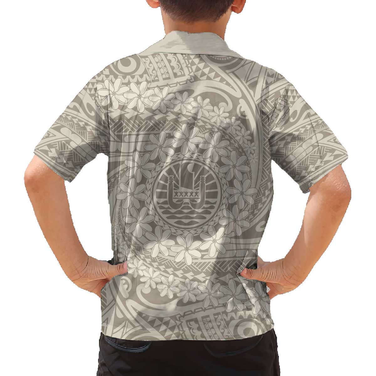 Tahitian Tiare Flower Family Matching Off The Shoulder Long Sleeve Dress and Hawaiian Shirt Beige Polynesian Pattern