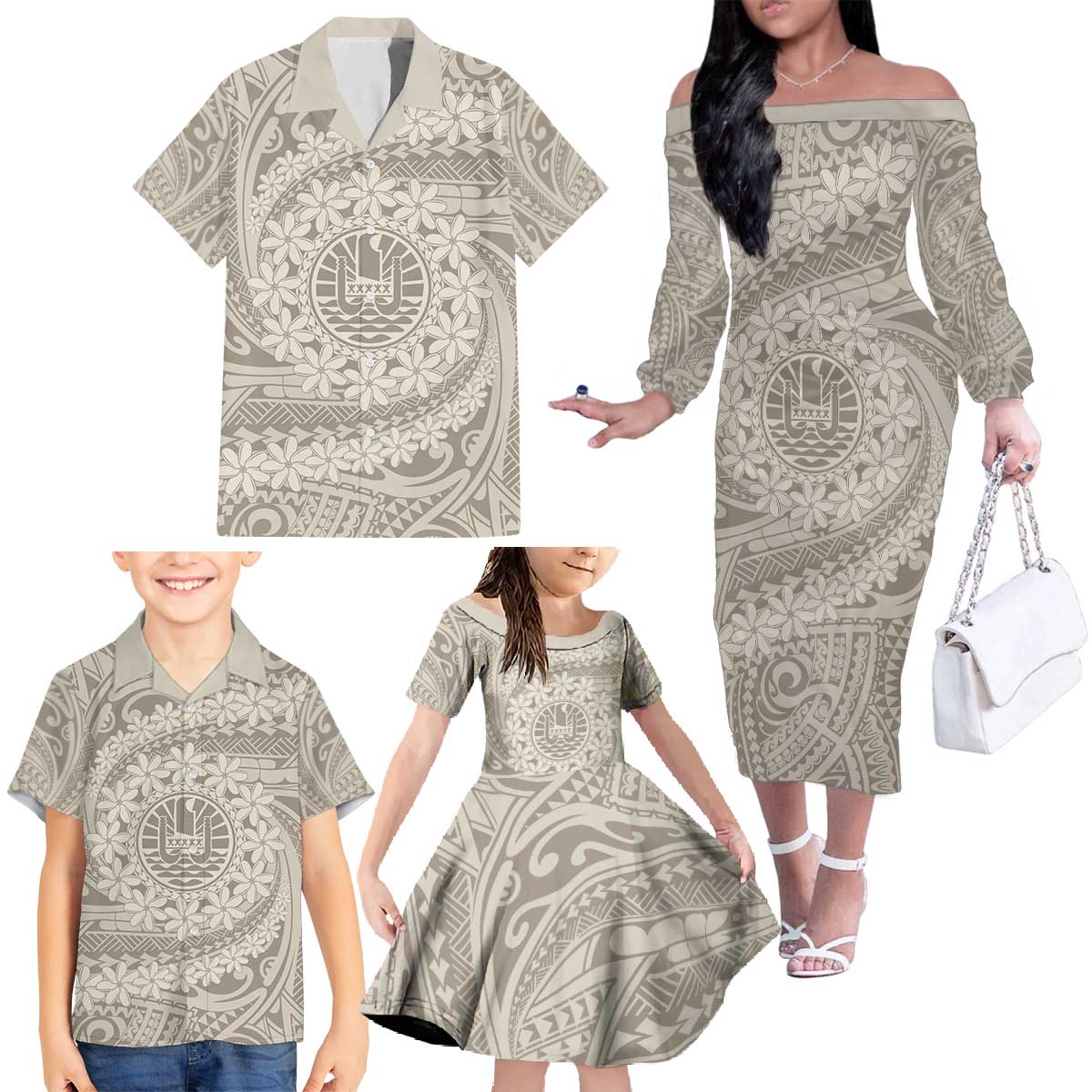 Tahitian Tiare Flower Family Matching Off The Shoulder Long Sleeve Dress and Hawaiian Shirt Beige Polynesian Pattern