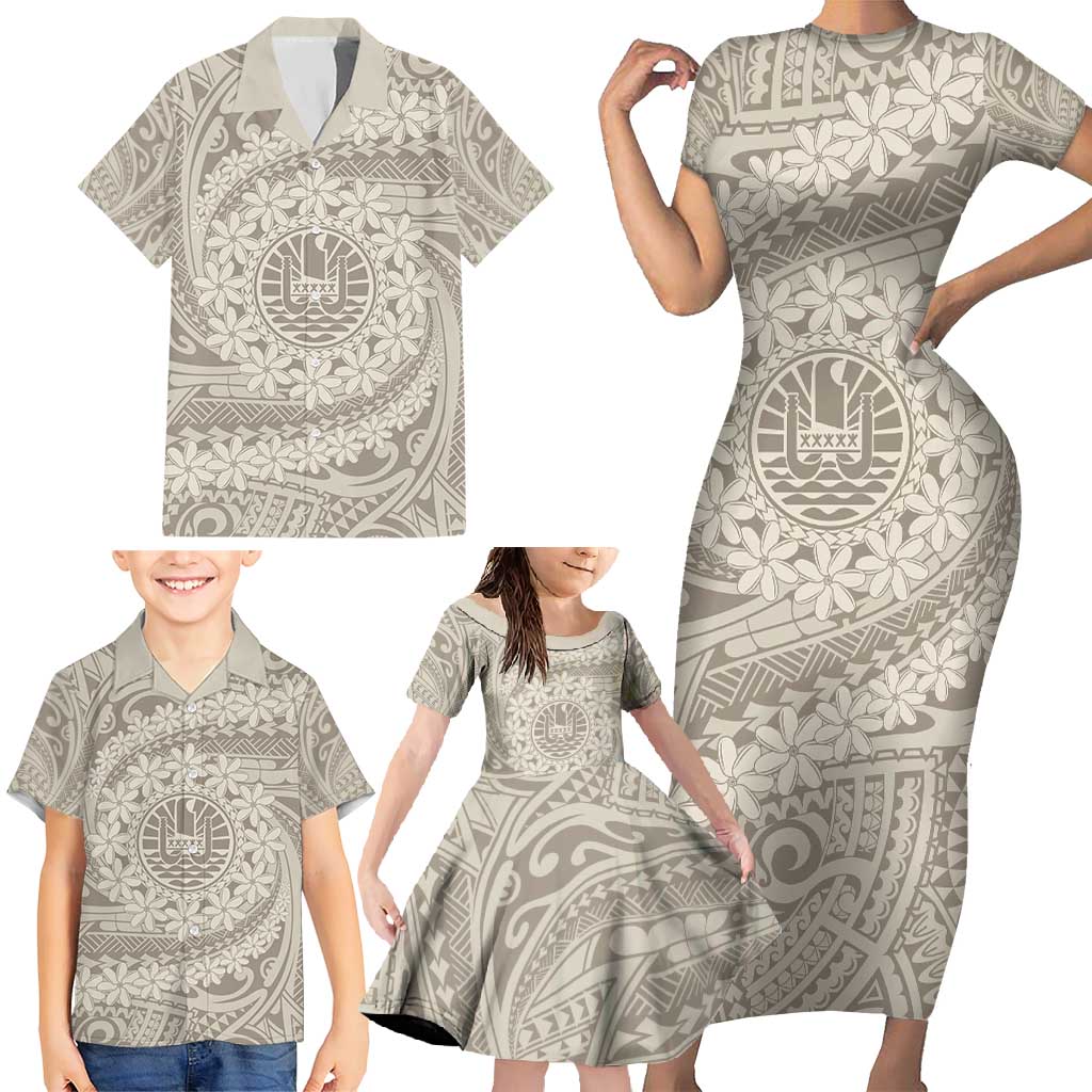 Tahitian Tiare Flower Family Matching Short Sleeve Bodycon Dress and Hawaiian Shirt Beige Polynesian Pattern