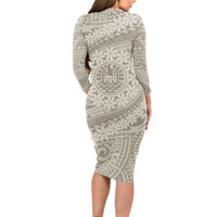 Tahitian Tiare Flower Long Sleeve Bodycon Dress Beige Polynesian Pattern