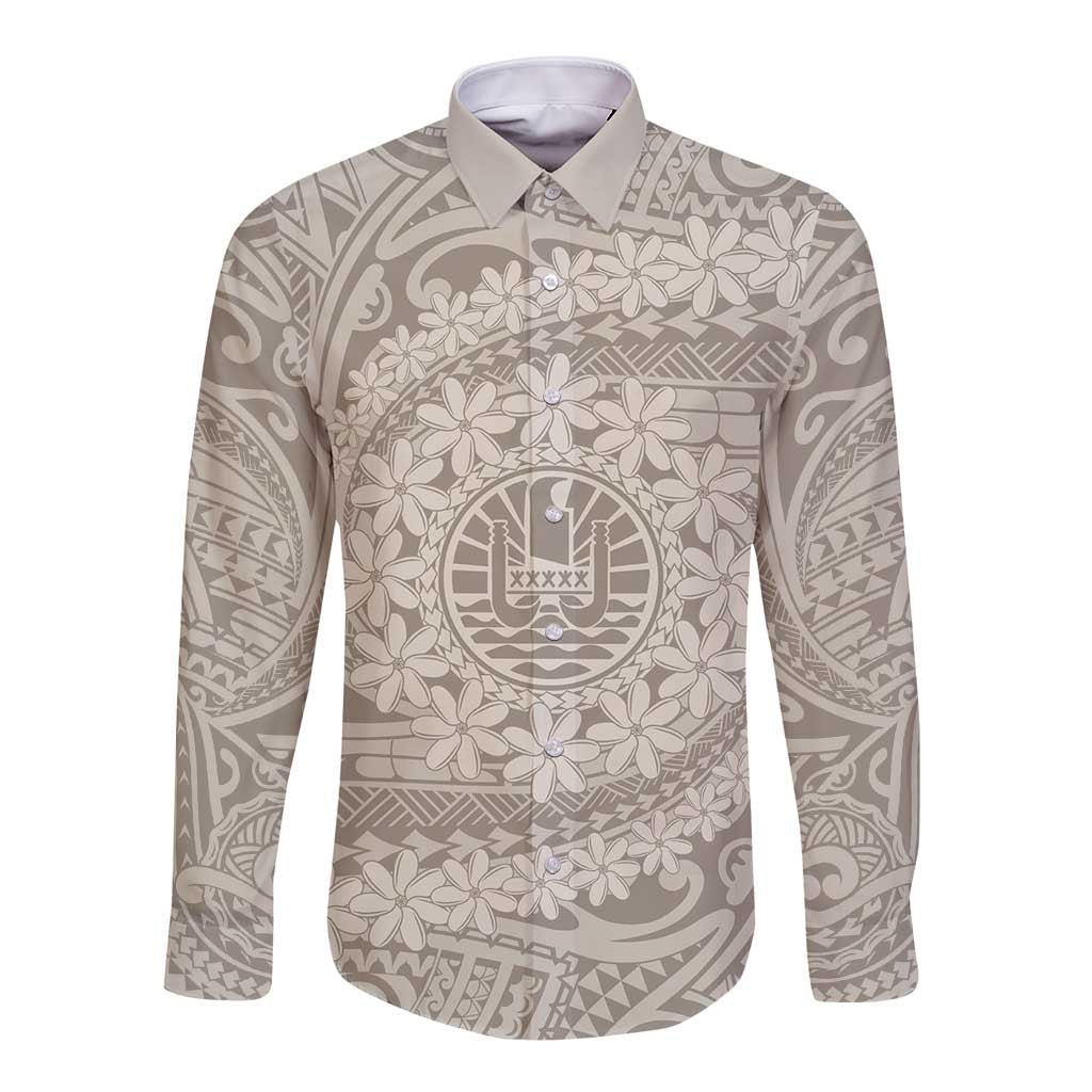 Tahitian Tiare Flower Long Sleeve Button Shirt Beige Polynesian Pattern