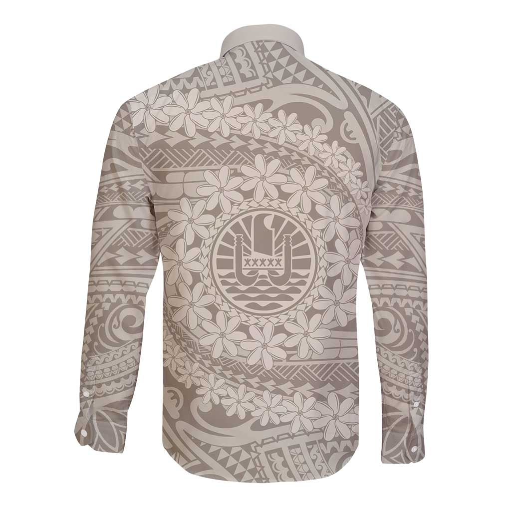 Tahitian Tiare Flower Long Sleeve Button Shirt Beige Polynesian Pattern