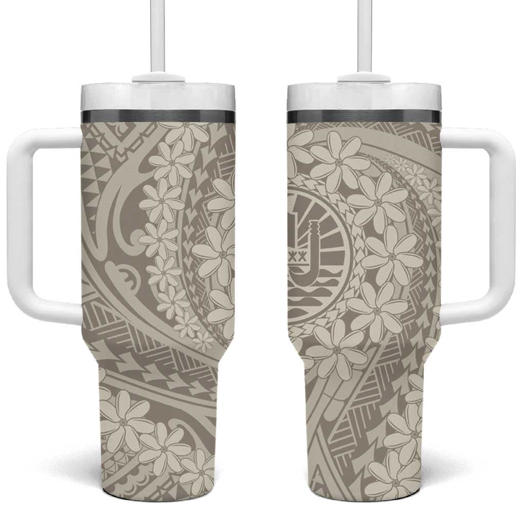 Tahitian Tiare Flower Tumbler With Handle Beige Polynesian Pattern