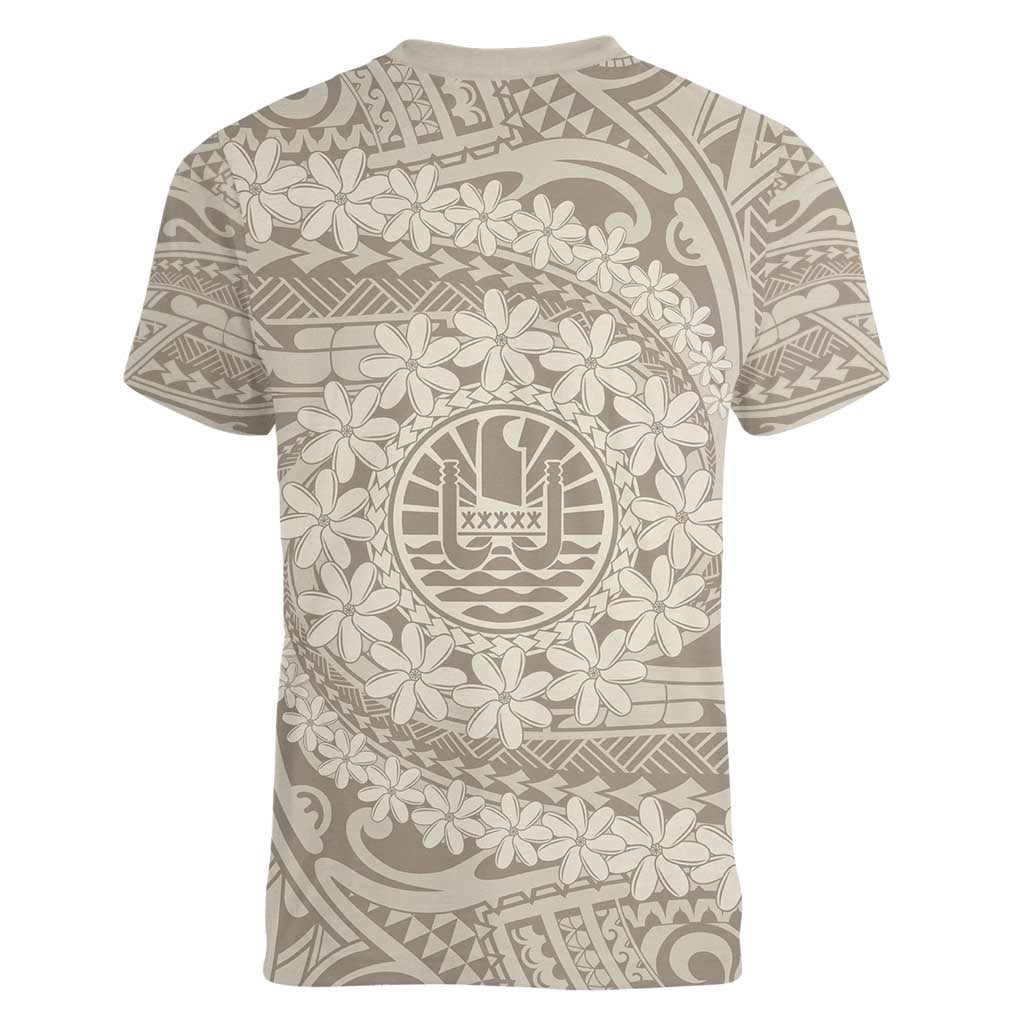 Tahitian Tiare Flower Women V-Neck T-Shirt Beige Polynesian Pattern