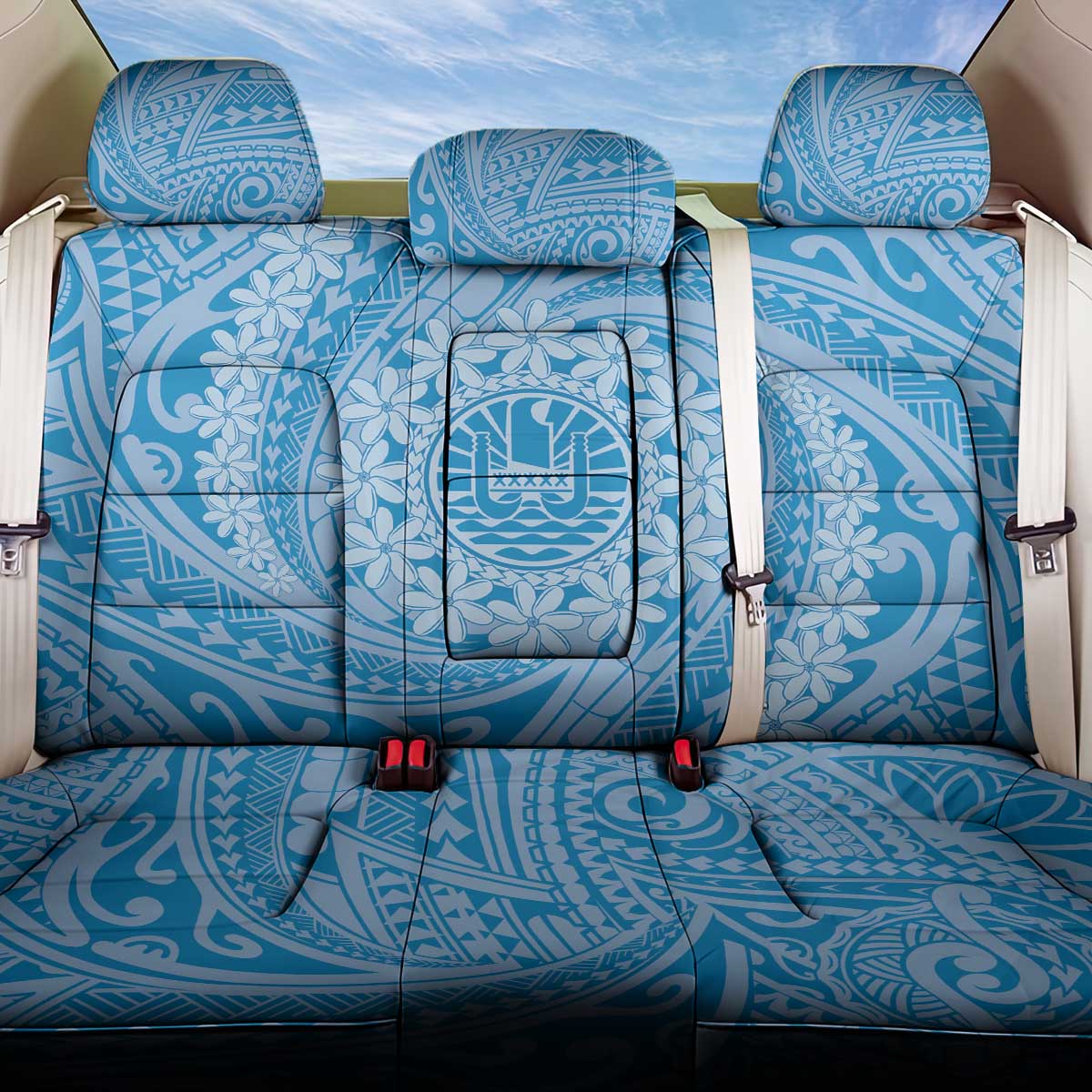 Tahitian Tiare Flower Back Car Seat Cover Blue Polynesian Pattern