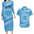 Tahitian Tiare Flower Couples Matching Long Sleeve Bodycon Dress and Hawaiian Shirt Blue Polynesian Pattern