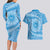 Tahitian Tiare Flower Couples Matching Long Sleeve Bodycon Dress and Hawaiian Shirt Blue Polynesian Pattern