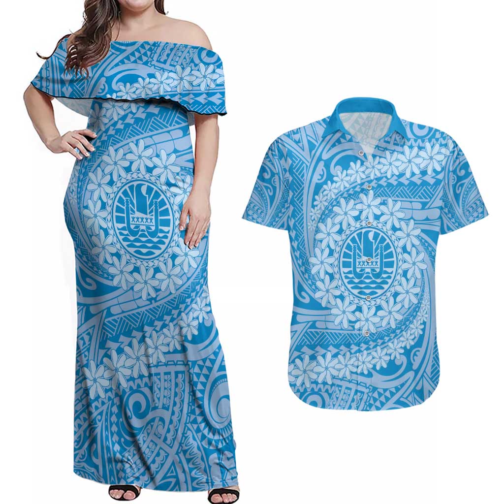 Tahitian Tiare Flower Couples Matching Off Shoulder Maxi Dress and Hawaiian Shirt Blue Polynesian Pattern