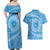 Tahitian Tiare Flower Couples Matching Off Shoulder Maxi Dress and Hawaiian Shirt Blue Polynesian Pattern