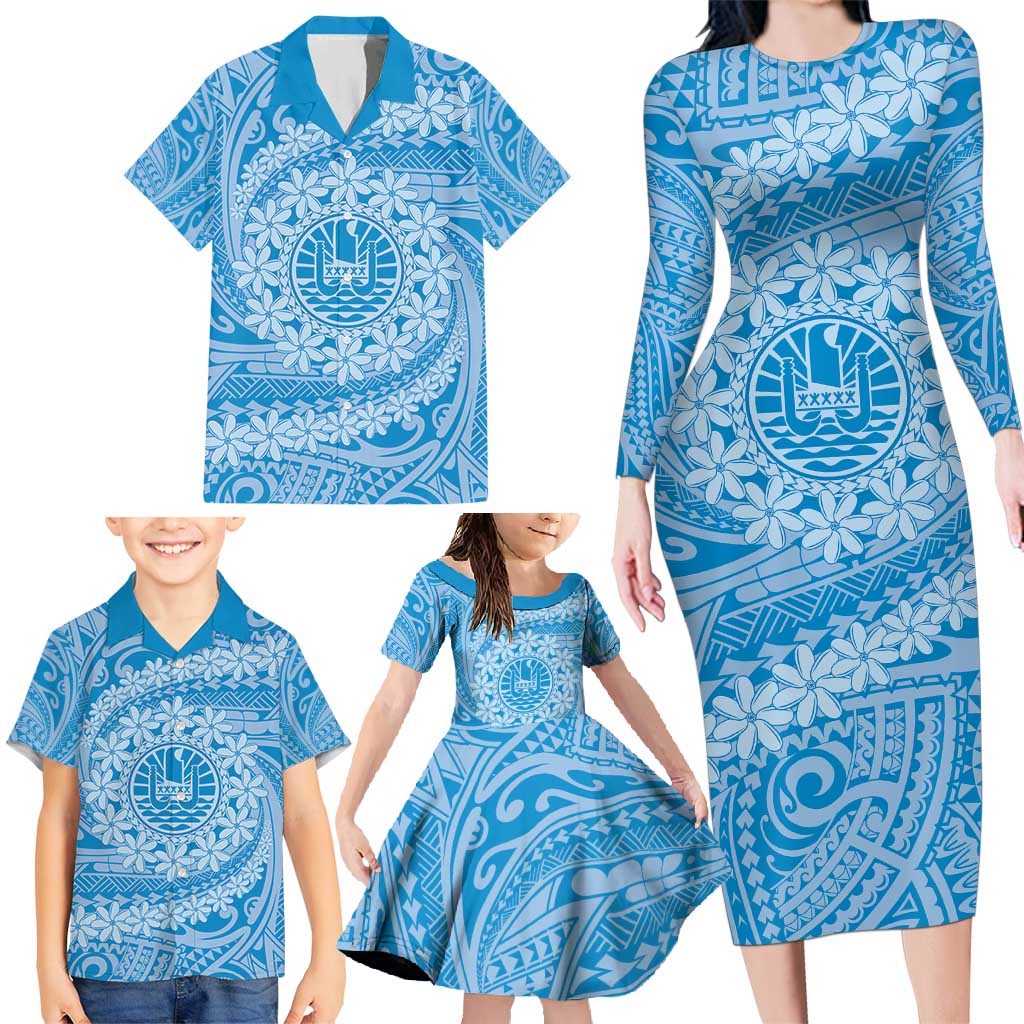 Tahitian Tiare Flower Family Matching Long Sleeve Bodycon Dress and Hawaiian Shirt Blue Polynesian Pattern