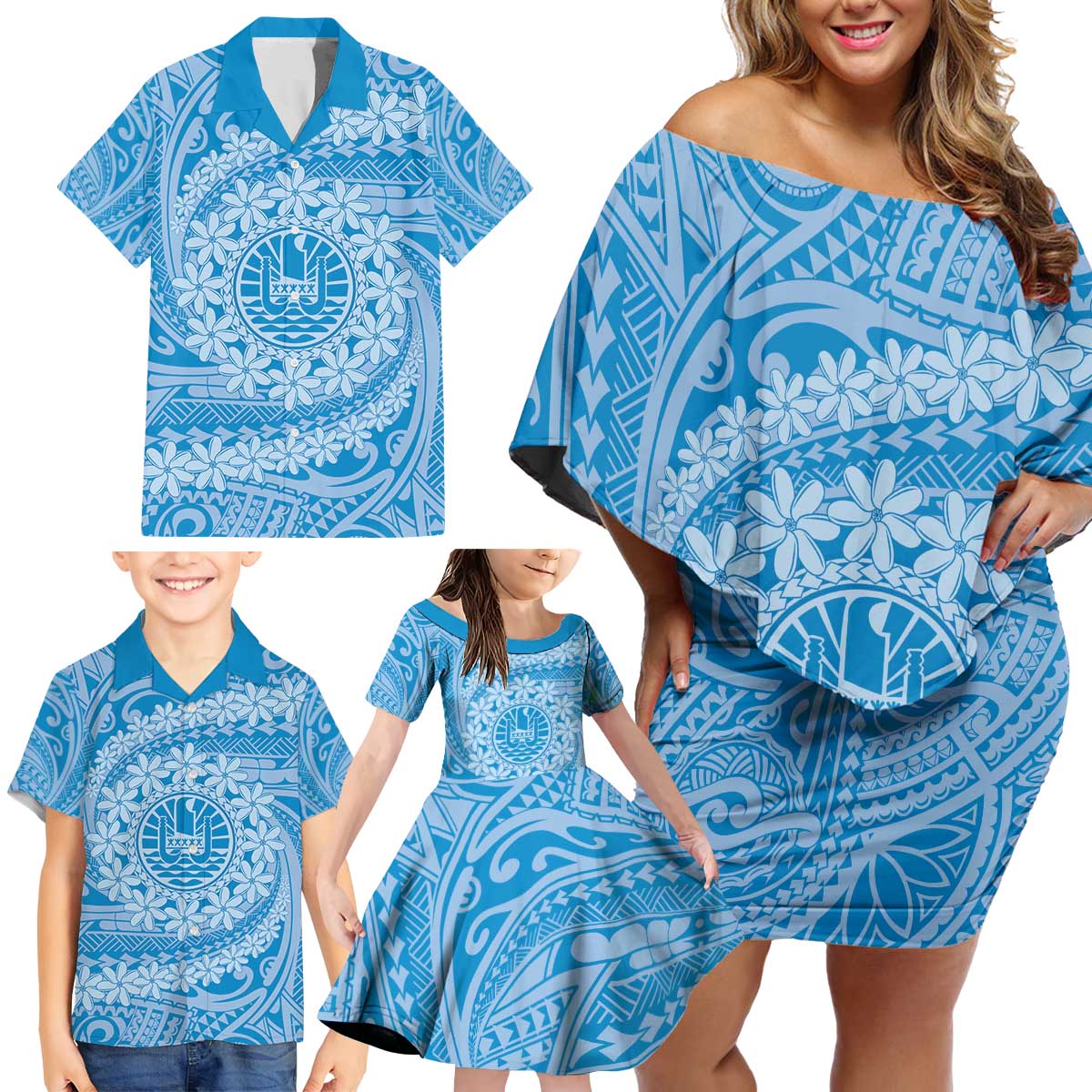 Tahitian Tiare Flower Family Matching Off Shoulder Short Dress and Hawaiian Shirt Blue Polynesian Pattern