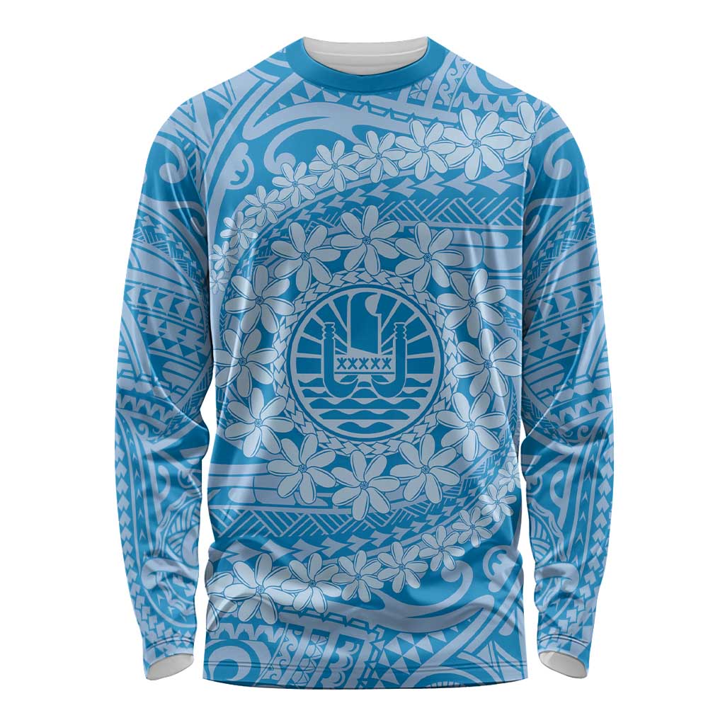 Tahitian Tiare Flower Long Sleeve Shirt Blue Polynesian Pattern