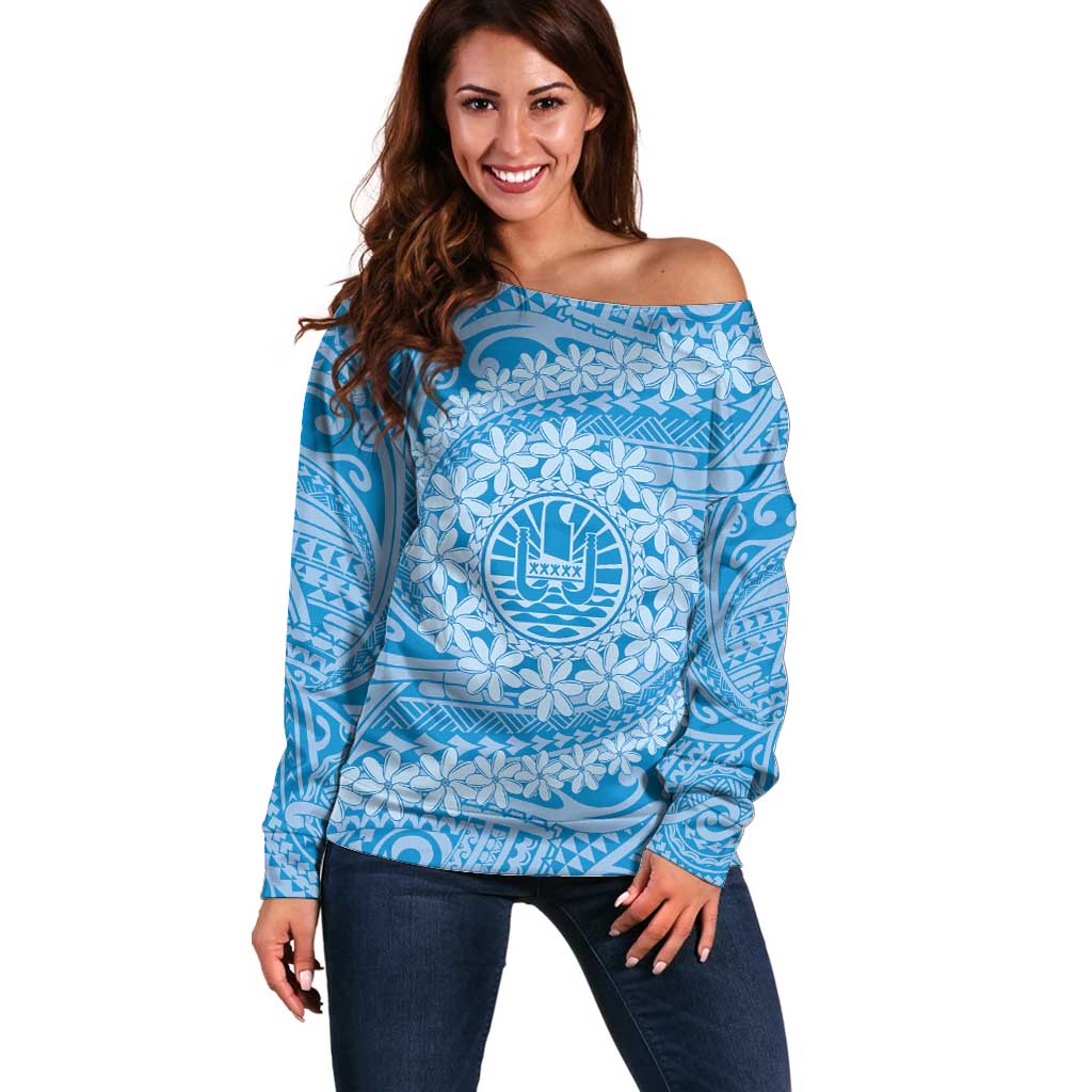 Tahitian Tiare Flower Off Shoulder Sweater Blue Polynesian Pattern