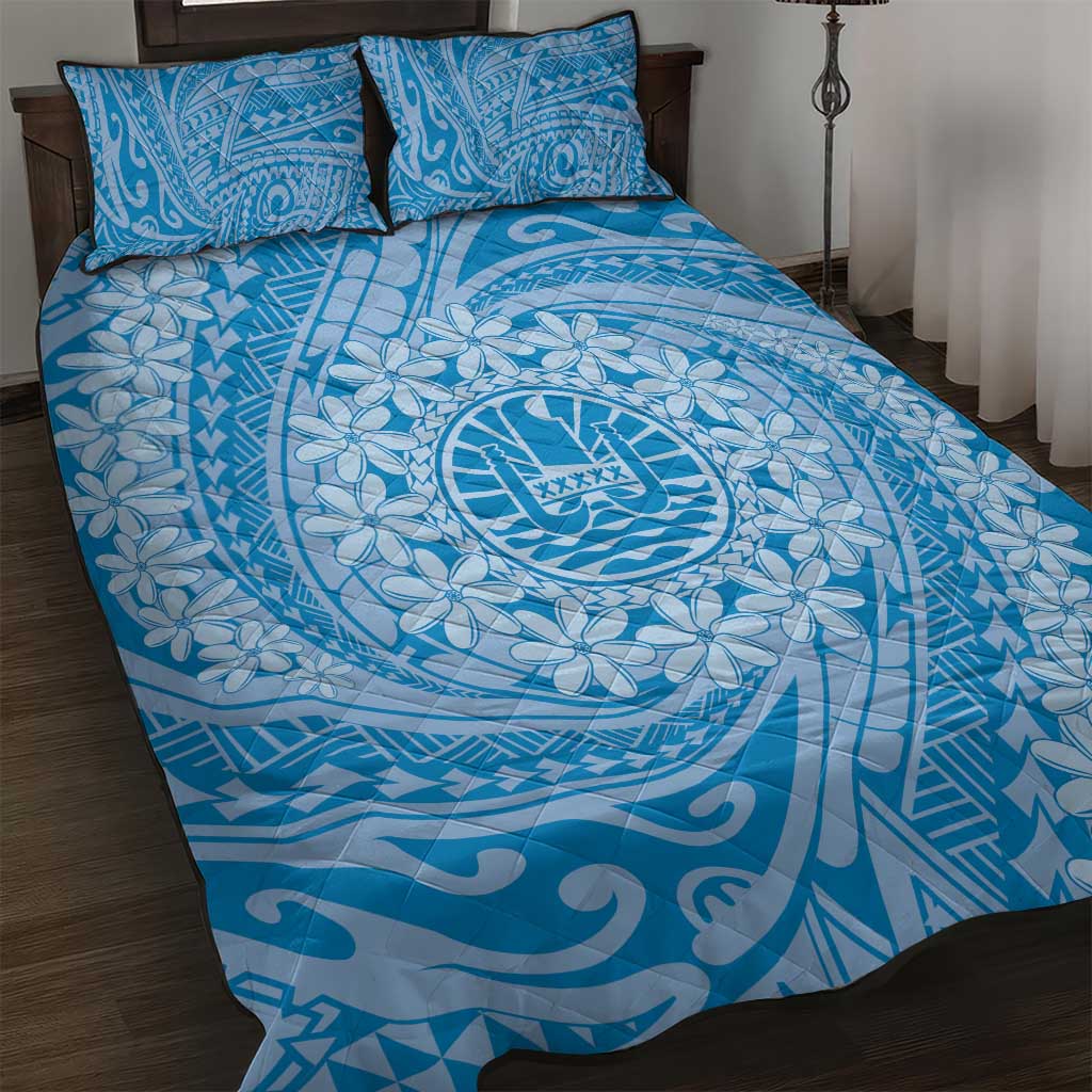 Tahitian Tiare Flower Quilt Bed Set Blue Polynesian Pattern