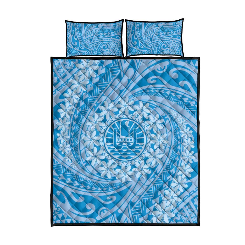 Tahitian Tiare Flower Quilt Bed Set Blue Polynesian Pattern