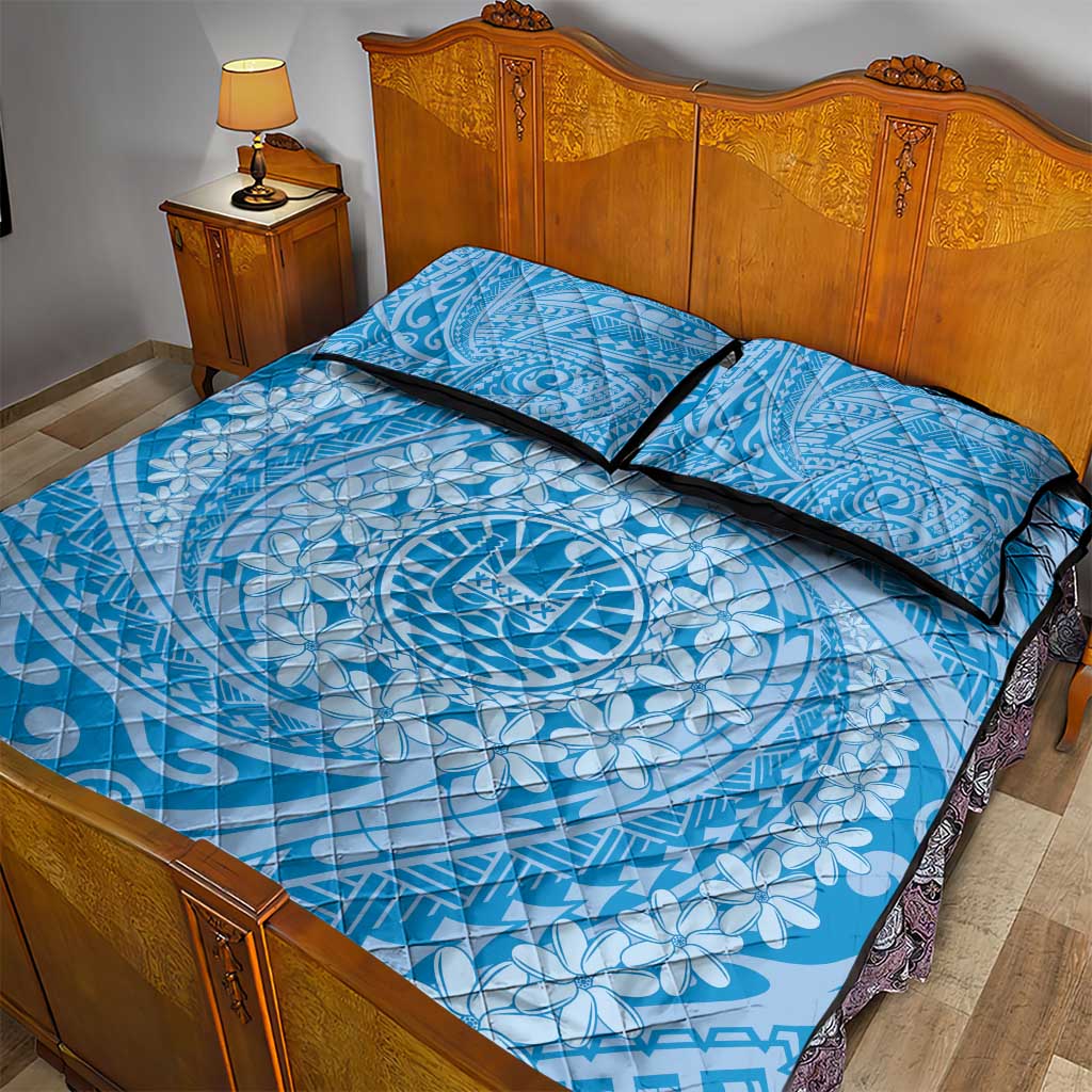 Tahitian Tiare Flower Quilt Bed Set Blue Polynesian Pattern