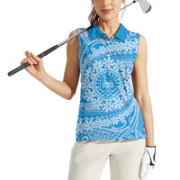 Tahitian Tiare Flower Women Sleeveless Polo Shirt Blue Polynesian Pattern