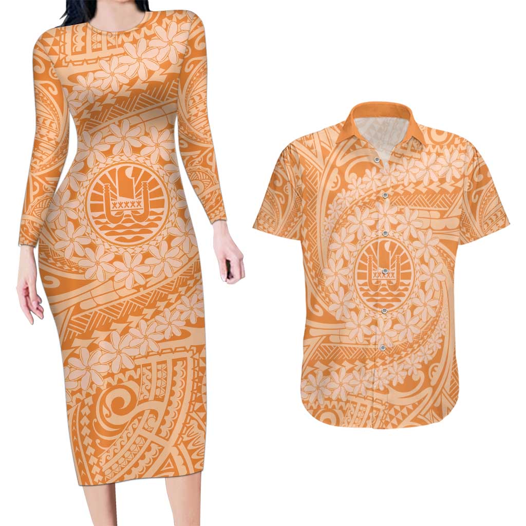 Tahitian Tiare Flower Couples Matching Long Sleeve Bodycon Dress and Hawaiian Shirt Gold Polynesian Pattern