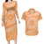 Tahitian Tiare Flower Couples Matching Long Sleeve Bodycon Dress and Hawaiian Shirt Gold Polynesian Pattern