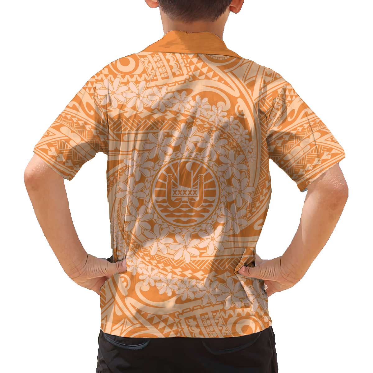 Tahitian Tiare Flower Family Matching Off The Shoulder Long Sleeve Dress and Hawaiian Shirt Gold Polynesian Pattern