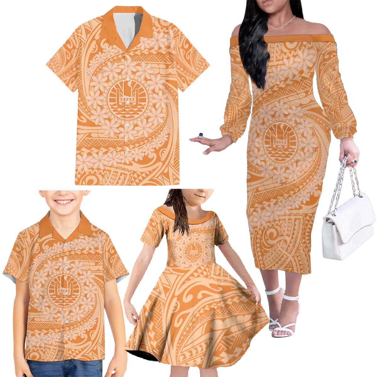 Tahitian Tiare Flower Family Matching Off The Shoulder Long Sleeve Dress and Hawaiian Shirt Gold Polynesian Pattern