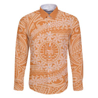 Tahitian Tiare Flower Family Matching Off The Shoulder Long Sleeve Dress and Hawaiian Shirt Gold Polynesian Pattern