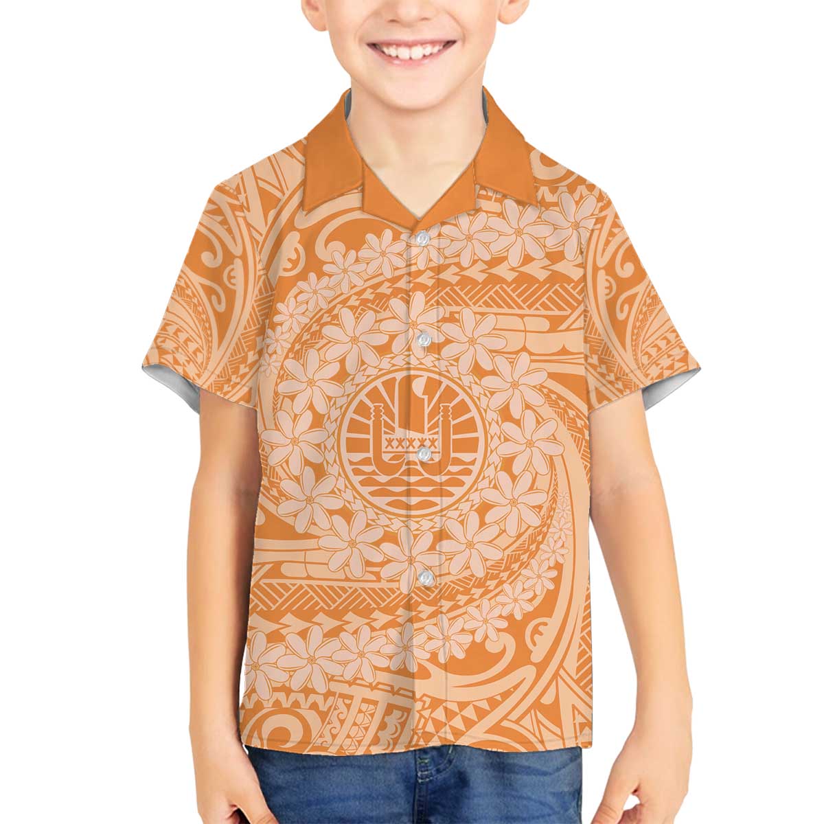 Tahitian Tiare Flower Family Matching Off The Shoulder Long Sleeve Dress and Hawaiian Shirt Gold Polynesian Pattern