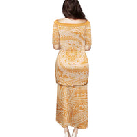 Tahitian Tiare Flower Family Matching Puletasi and Hawaiian Shirt Gold Polynesian Pattern