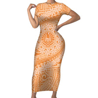 Tahitian Tiare Flower Family Matching Short Sleeve Bodycon Dress and Hawaiian Shirt Gold Polynesian Pattern