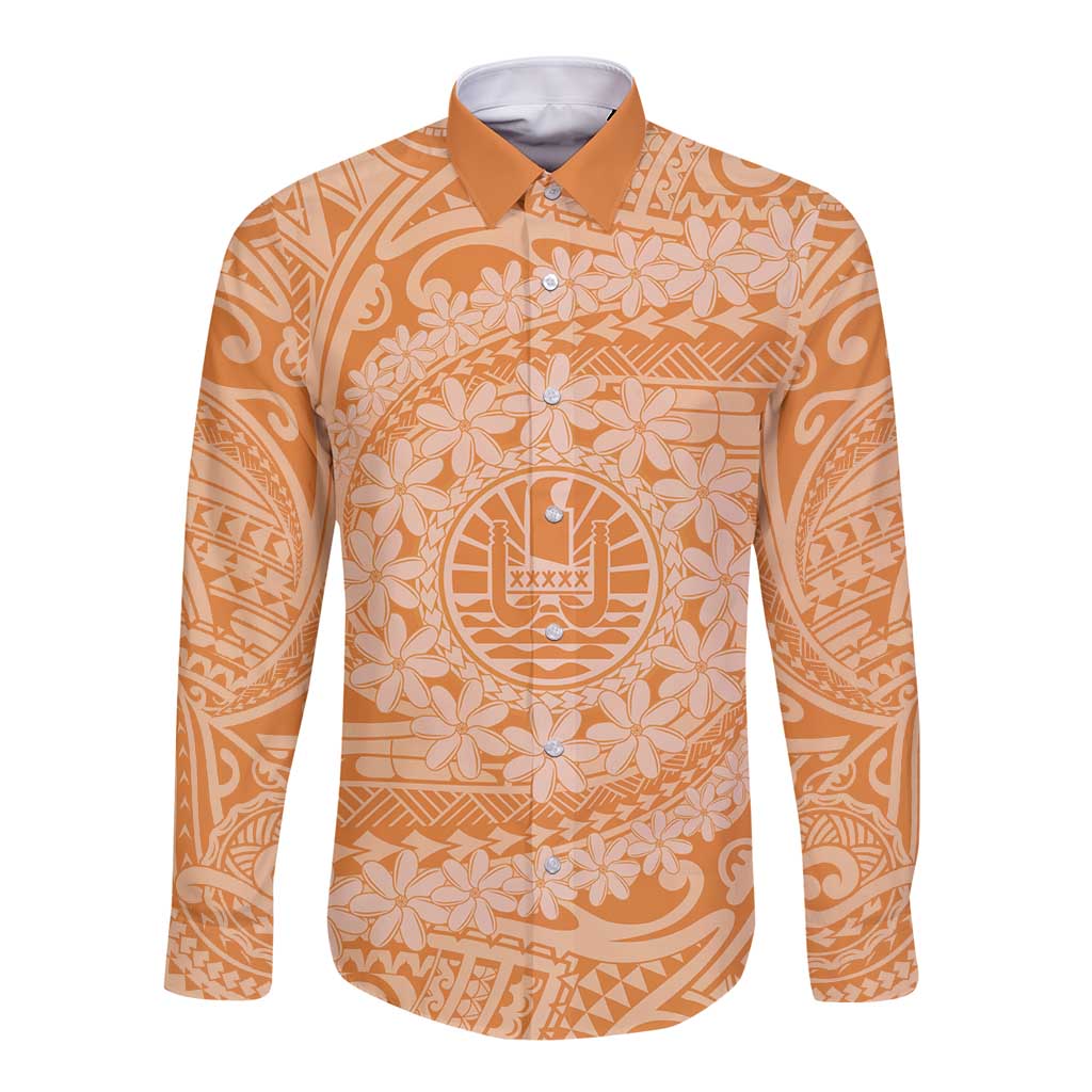 Tahitian Tiare Flower Long Sleeve Button Shirt Gold Polynesian Pattern