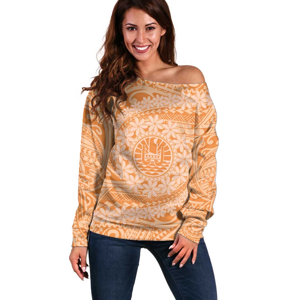 Tahitian Tiare Flower Off Shoulder Sweater Gold Polynesian Pattern