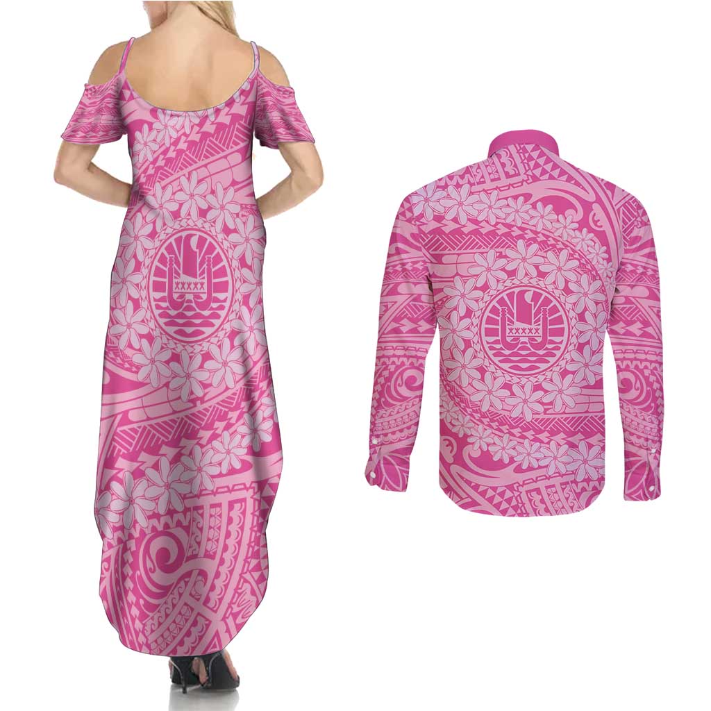 Tahitian Tiare Flower Couples Matching Summer Maxi Dress and Long Sleeve Button Shirt Pink Polynesian Pattern