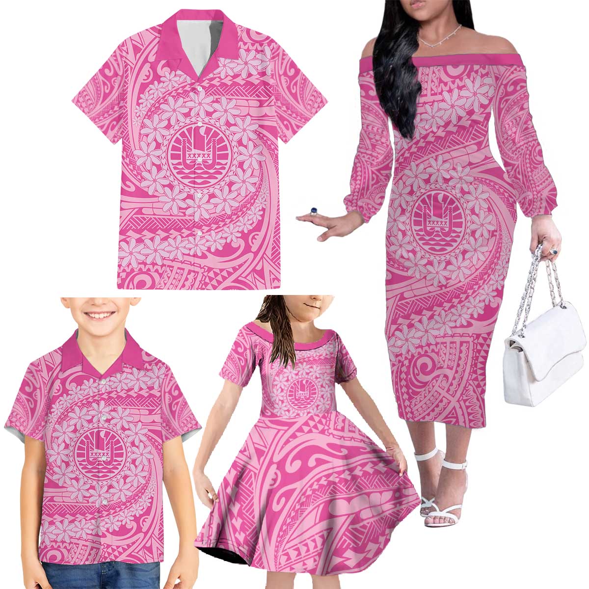 Tahitian Tiare Flower Family Matching Off The Shoulder Long Sleeve Dress and Hawaiian Shirt Pink Polynesian Pattern