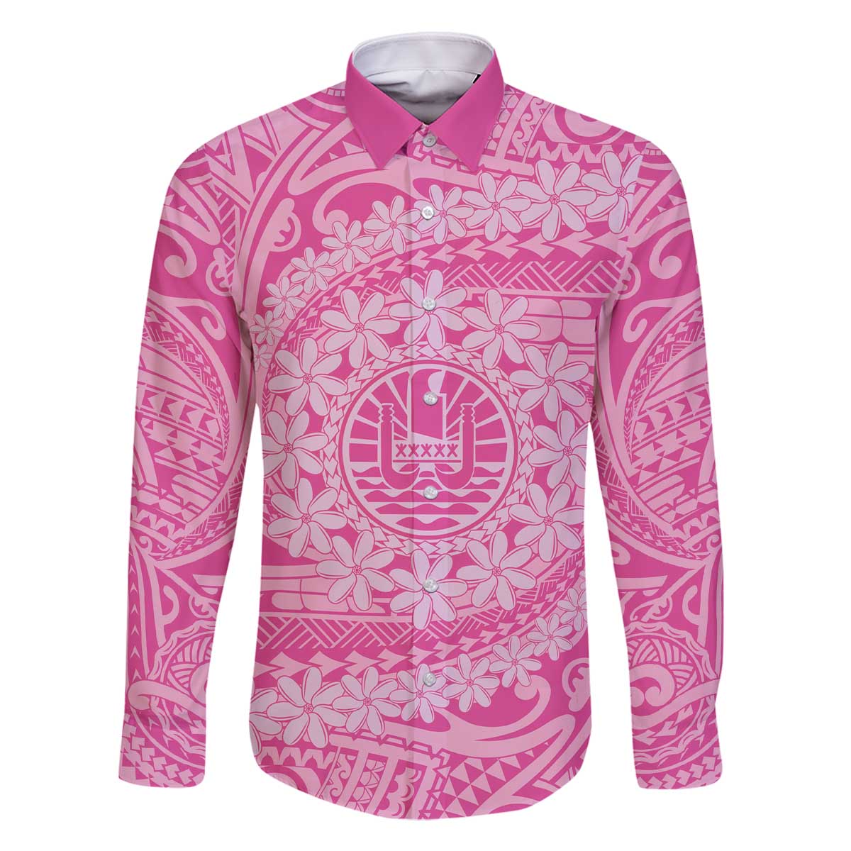 Tahitian Tiare Flower Family Matching Off The Shoulder Long Sleeve Dress and Hawaiian Shirt Pink Polynesian Pattern