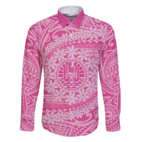 Tahitian Tiare Flower Family Matching Off The Shoulder Long Sleeve Dress and Hawaiian Shirt Pink Polynesian Pattern