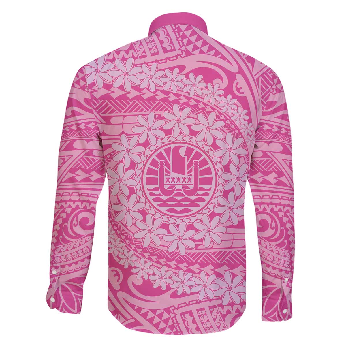 Tahitian Tiare Flower Family Matching Off The Shoulder Long Sleeve Dress and Hawaiian Shirt Pink Polynesian Pattern