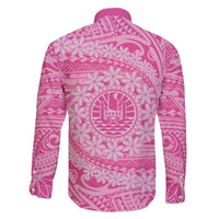 Tahitian Tiare Flower Family Matching Off The Shoulder Long Sleeve Dress and Hawaiian Shirt Pink Polynesian Pattern