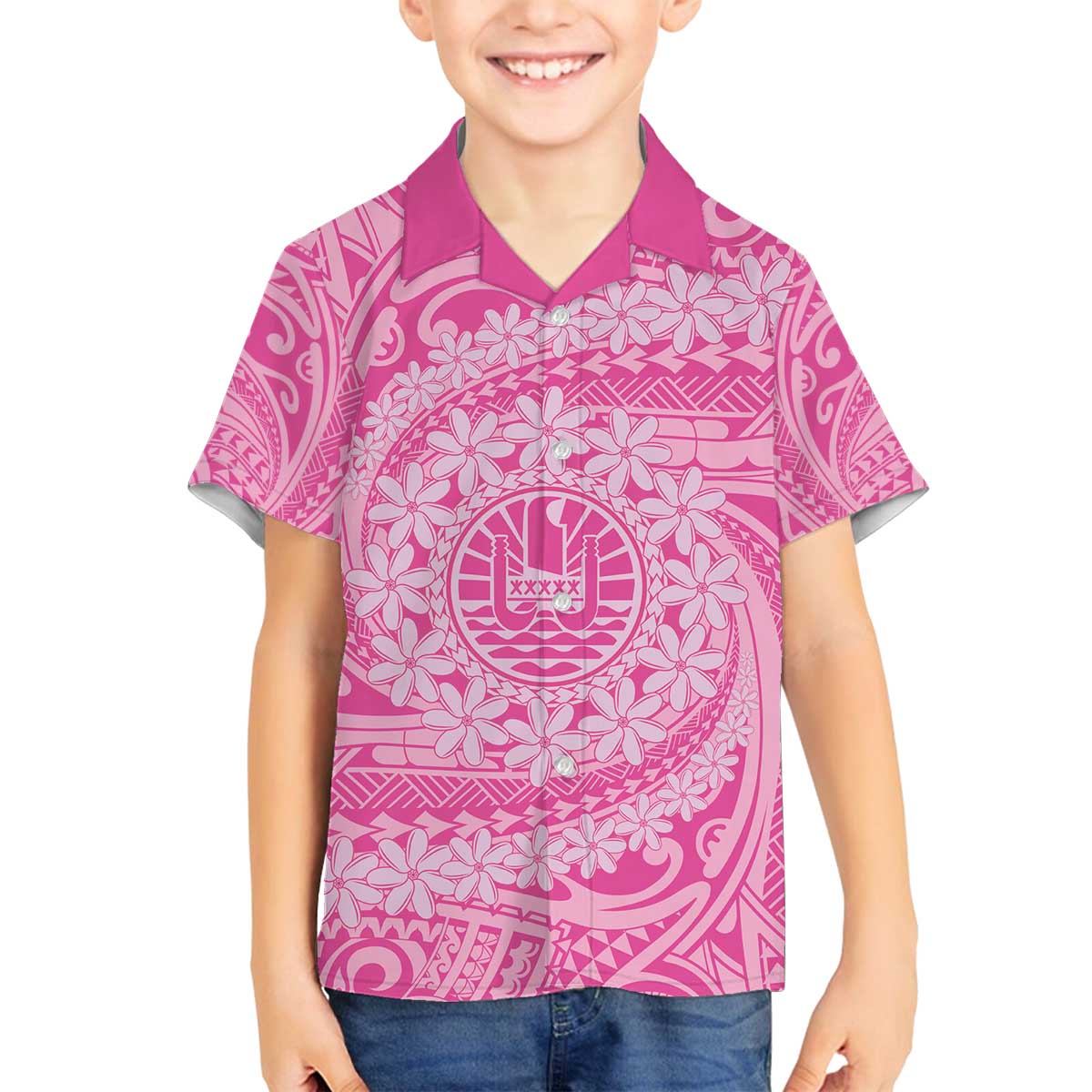 Tahitian Tiare Flower Family Matching Off The Shoulder Long Sleeve Dress and Hawaiian Shirt Pink Polynesian Pattern