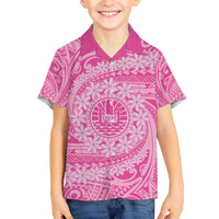 Tahitian Tiare Flower Family Matching Off The Shoulder Long Sleeve Dress and Hawaiian Shirt Pink Polynesian Pattern