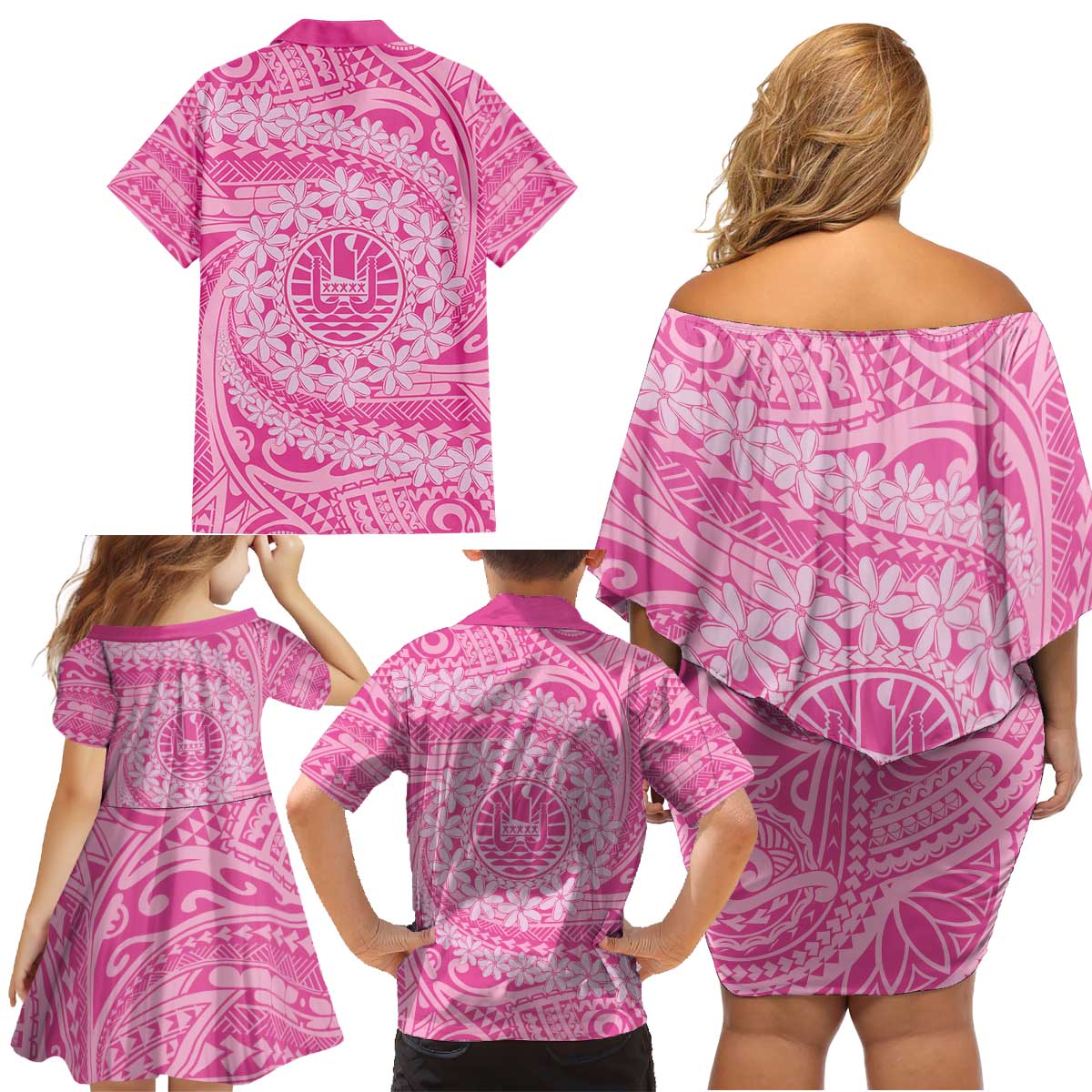 Tahitian Tiare Flower Family Matching Off Shoulder Short Dress and Hawaiian Shirt Pink Polynesian Pattern