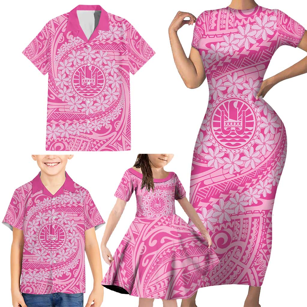 Tahitian Tiare Flower Family Matching Short Sleeve Bodycon Dress and Hawaiian Shirt Pink Polynesian Pattern