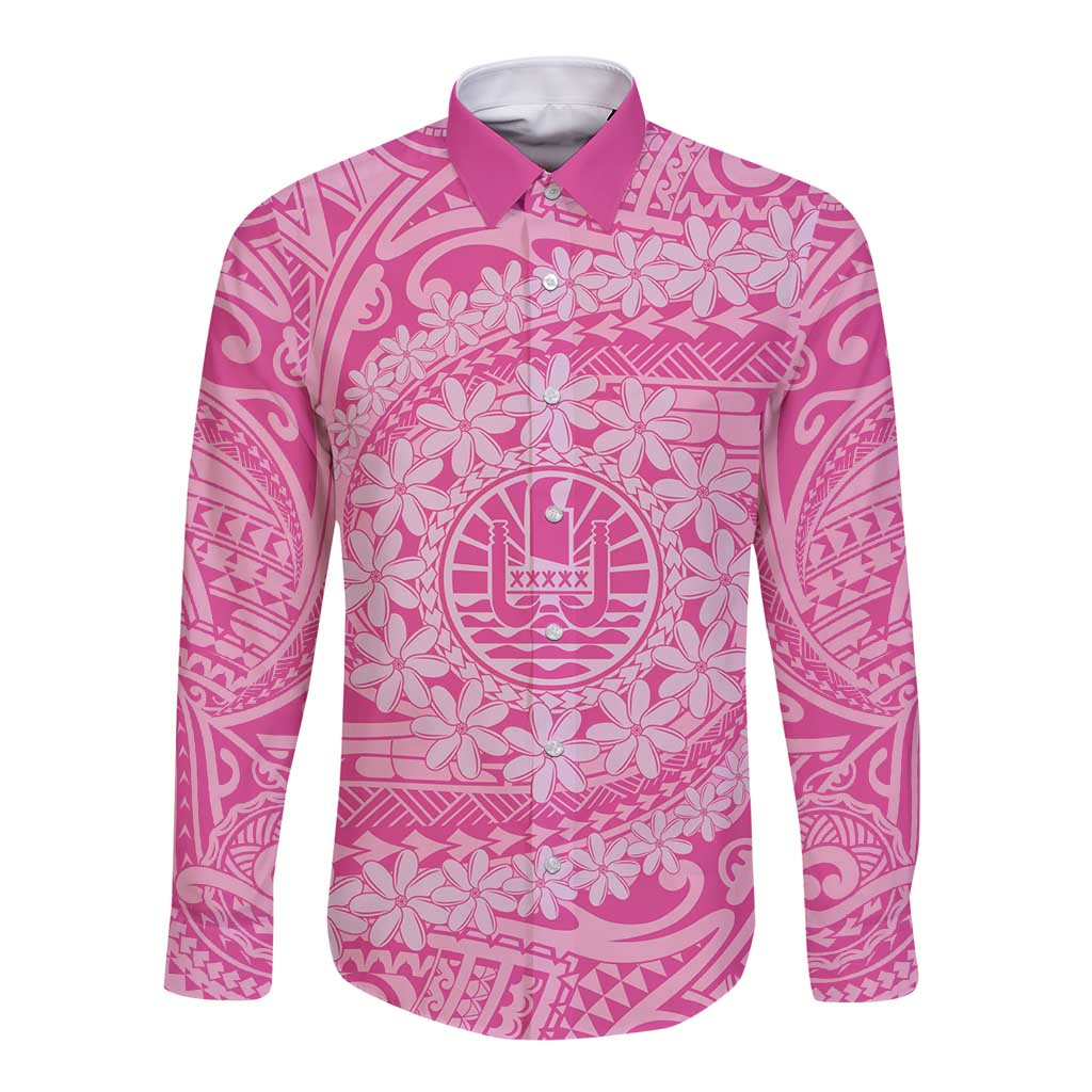 Tahitian Tiare Flower Long Sleeve Button Shirt Pink Polynesian Pattern