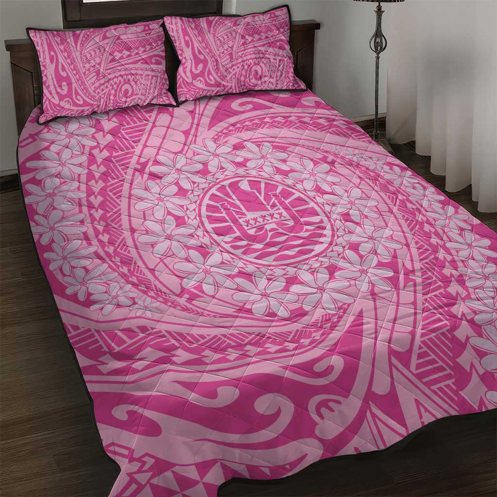 Tahitian Tiare Flower Quilt Bed Set Pink Polynesian Pattern