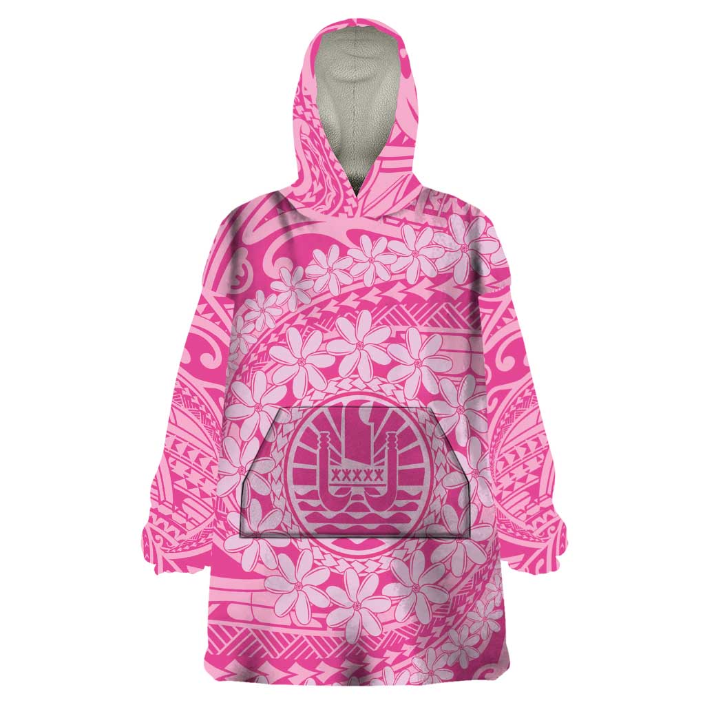 Tahitian Tiare Flower Wearable Blanket Hoodie Pink Polynesian Pattern