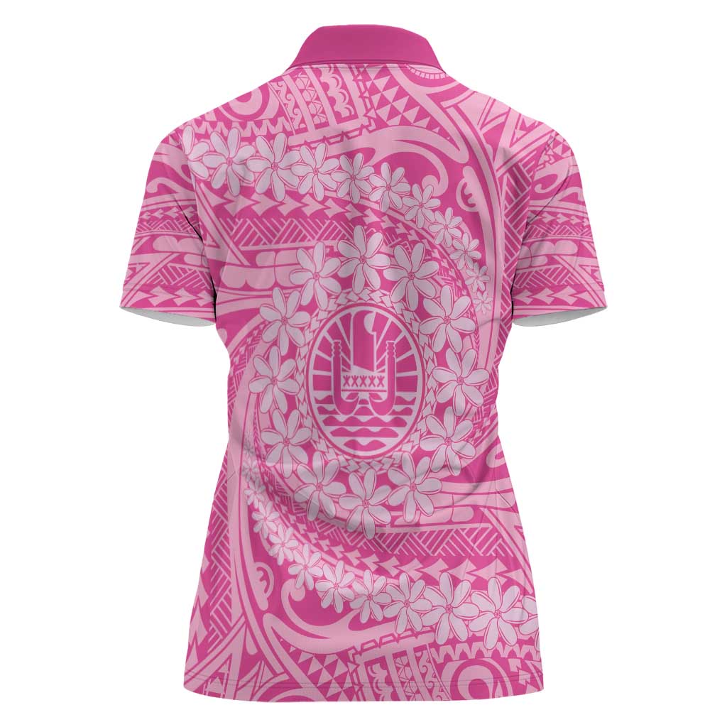 Tahitian Tiare Flower Women Polo Shirt Pink Polynesian Pattern